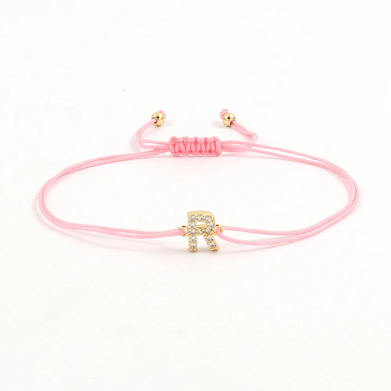 Pave Zirconia Initial Letter Bracelet Adjustable Rope Women