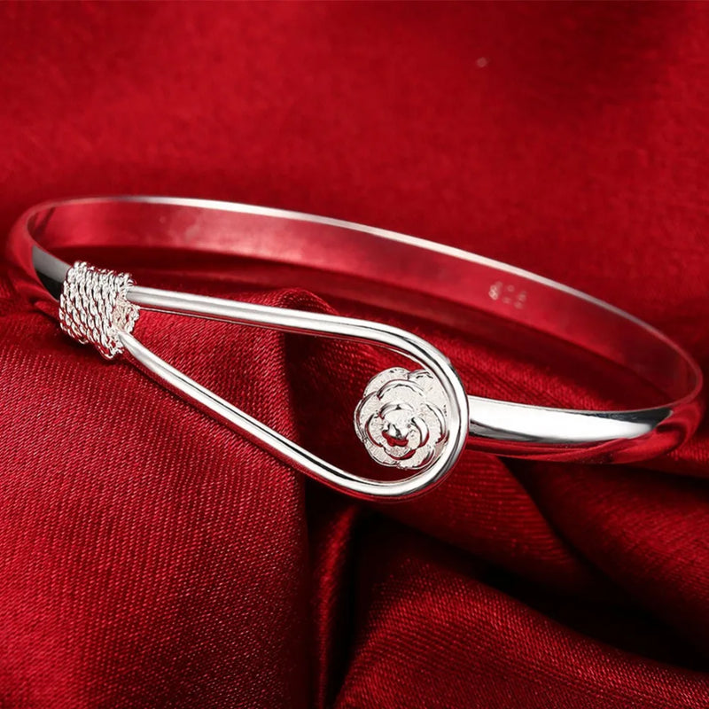 925 Silver Plant Flower Cuff Bangle Bracelet For Women