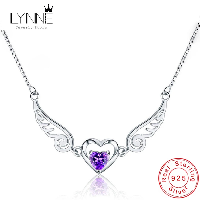 925 Silver Angel Wing Zircon Necklace Purple Heart Pendant