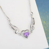 925 Silver Angel Wing Zircon Necklace Purple Heart Pendant