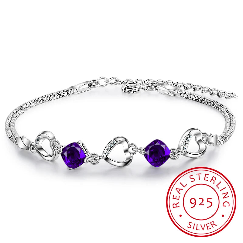 925 Silver Heart Purple Zirconia Bracelet for Women