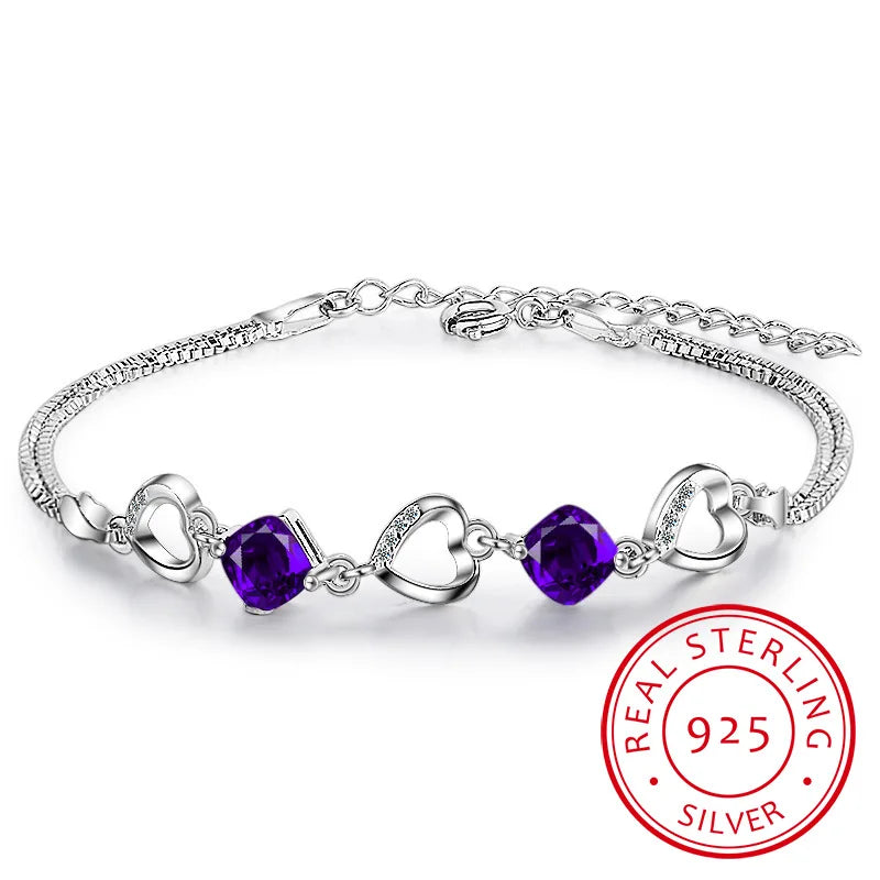 925 Silver Heart Purple Zirconia Bracelet Women