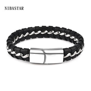 Men's Braided Leather Bracelet with Steel Buckle