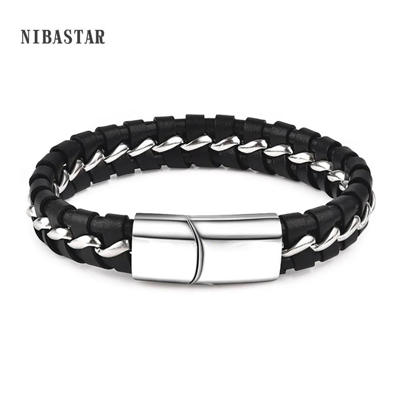 Men's Braided Leather Bracelet with Steel Buckle