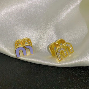 Hot M Stud Earrings Asymmetric Letter Ear Rings Enamel Zircon Earrings