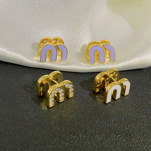 Hot M Stud Earrings Asymmetric Letter Ear Rings Enamel Zircon Earrings