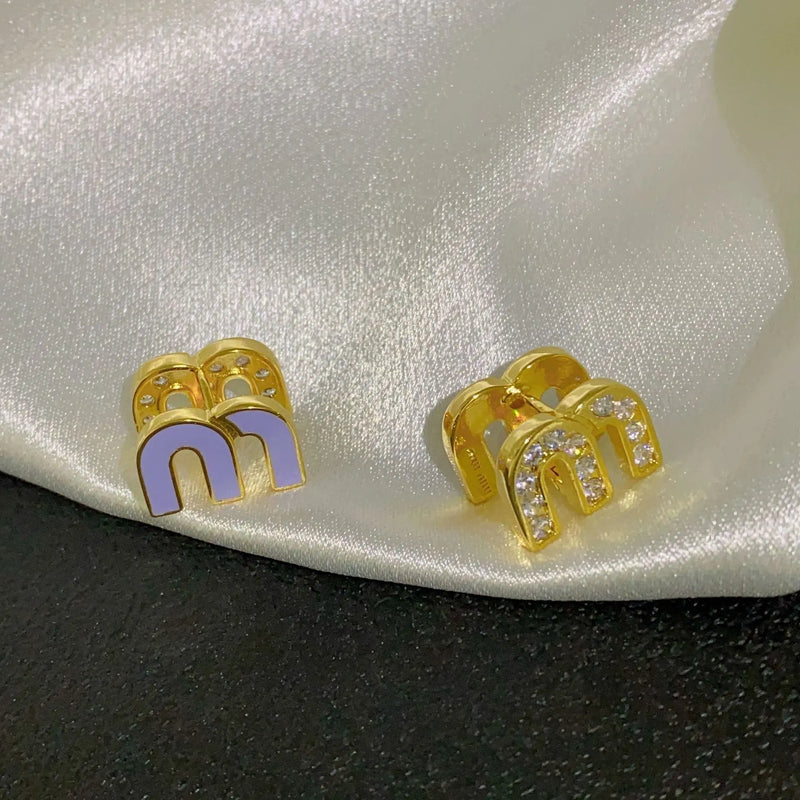 Hot M Stud Earrings Asymmetric Letter Ear Rings Enamel Zircon Earrings
