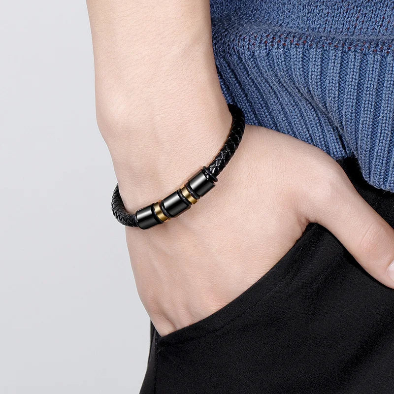 Vintage Leather Bracelet Men Stainless Steel Magnetic Clasp Braided Bracelet