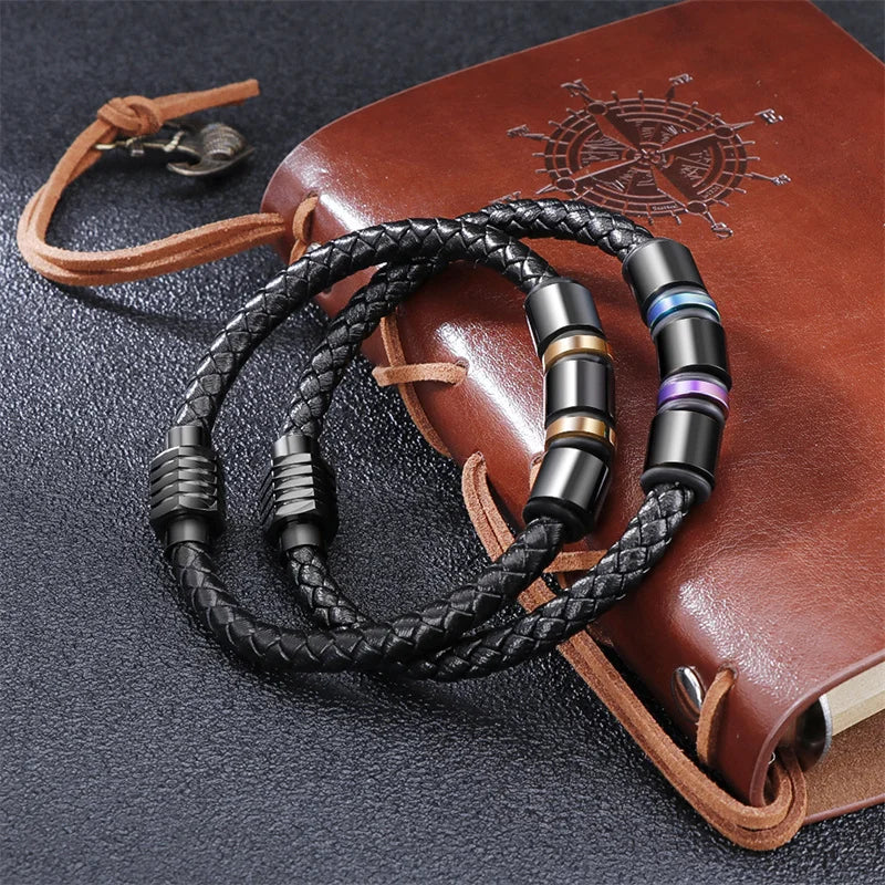 Vintage Leather Bracelet Men Stainless Steel Magnetic Clasp Braided Bracelet