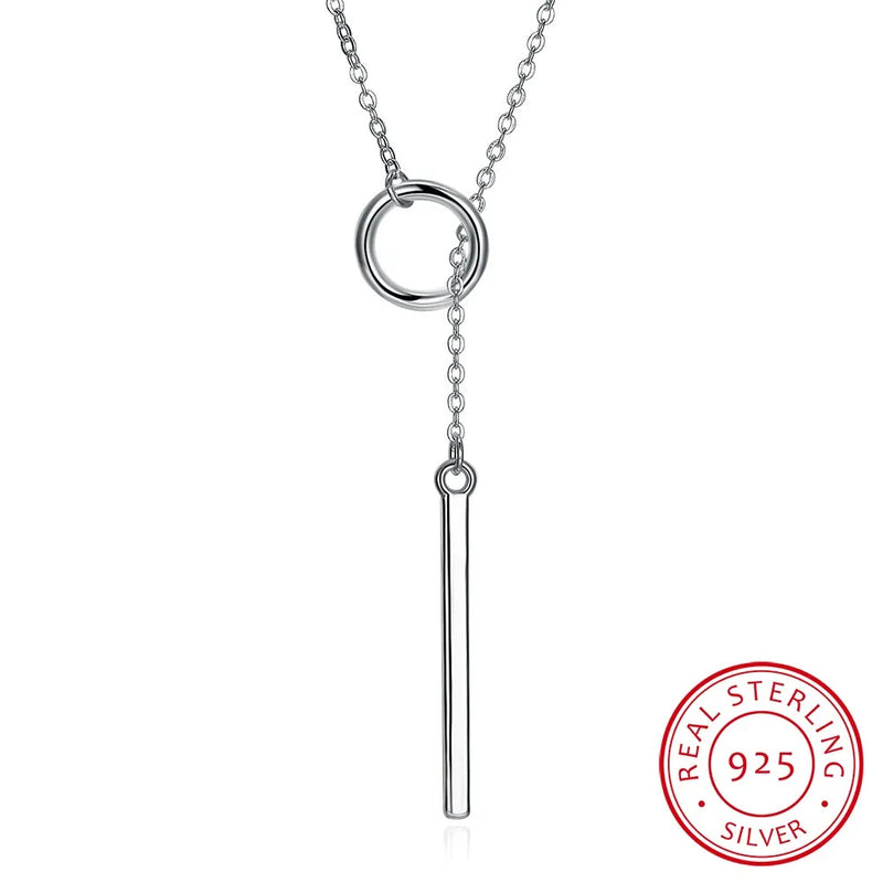 925 Silver Bar Circle Lariat Necklace Long Pendant Necklace