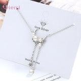 925 Sterling Silver Pearl Pendant Long Necklaces Bridal Jewelry CZ Choker