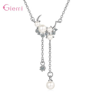 925 Sterling Silver Pearl Pendant Long Necklaces Bridal Jewelry CZ Choker