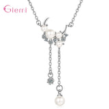 925 Sterling Silver Pearl Pendant Long Necklaces Bridal Jewelry CZ Choker