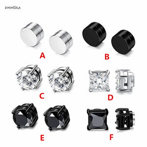 Punk Magnet Stainless Steel Zircon Earless Round Magnet Stud Earrings