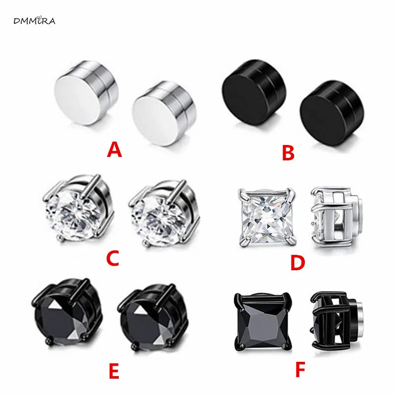 Punk Magnet Stainless Steel Zircon Earless Round Magnet Stud Earrings