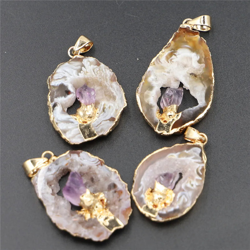 Hot Geode Stone Agate Healing Slice Pendants with Amethyst Inlay