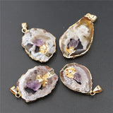 Hot Geode Stone Agate Healing Slice Pendants with Amethyst Inlay