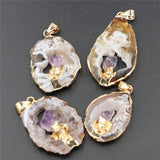 Hot Geode Stone Agate Healing Slice Pendants with Amethyst Inlay