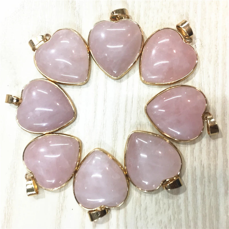 25mm Natural Rose Quartz Stone Heart Slide Charms 12PCS