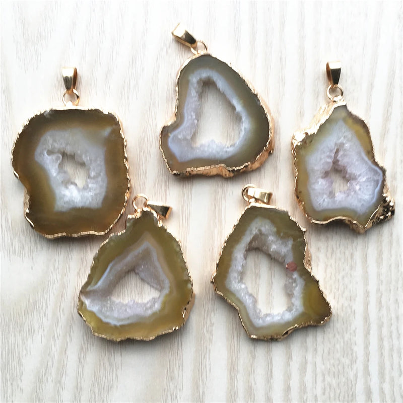 5PCS Brazilian Yellow Agates Geode Druzys Pendants for Necklace