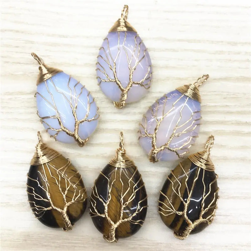 Natural Stone Crystal Roses Quartz Tree of Life Pendants