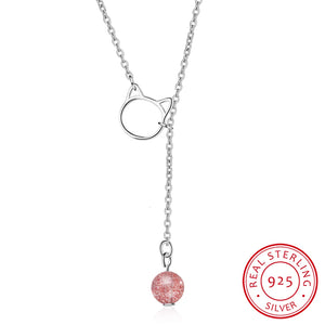 925 Sterling Silver Strawberry Crystal Cat Necklace