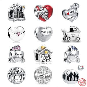 Family Bead 925 Silver DAD MOM Pendant Love Heart Charm