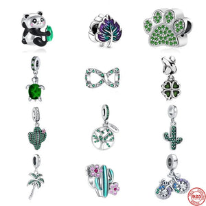 925 Silver Cactus Pendant Panda Charm Beads Bracelet DIY Jewelry