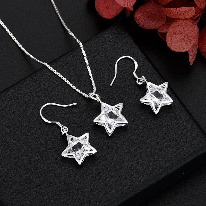 925 Silver Crystal Star Earrings Necklace Set