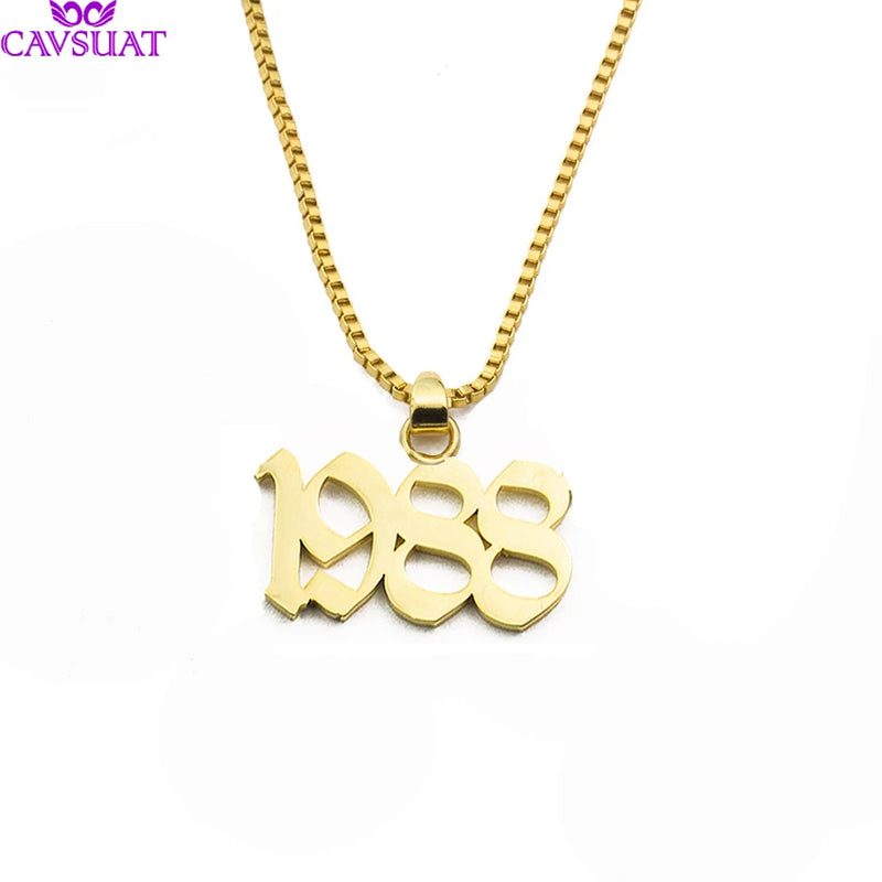 Old English Number Pendant Necklace Date Charm Box Chain