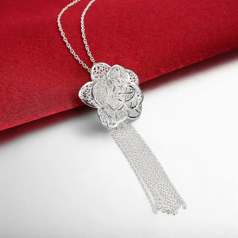 925 Silver Flowers Pendant Necklace For Women Wedding Jewelry