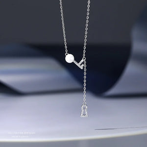 S925 Silver Key Lock Pendant Necklace Zirconia Pearl Girl Gift