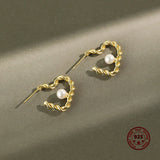 925 Sterling Silver Stud Earrings Peach Heart Pearl Twisted Ladies Accessories