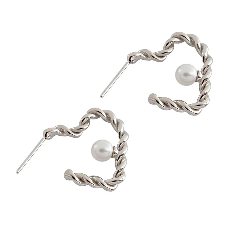 925 Sterling Silver Stud Earrings Peach Heart Pearl Twisted Ladies Accessories