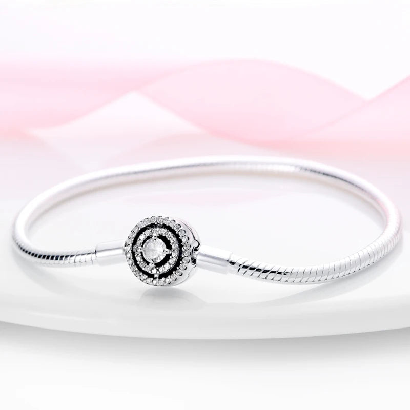 Silver Zircon Closed Bracelet for Beads Pendant Charm DIY Gift Women