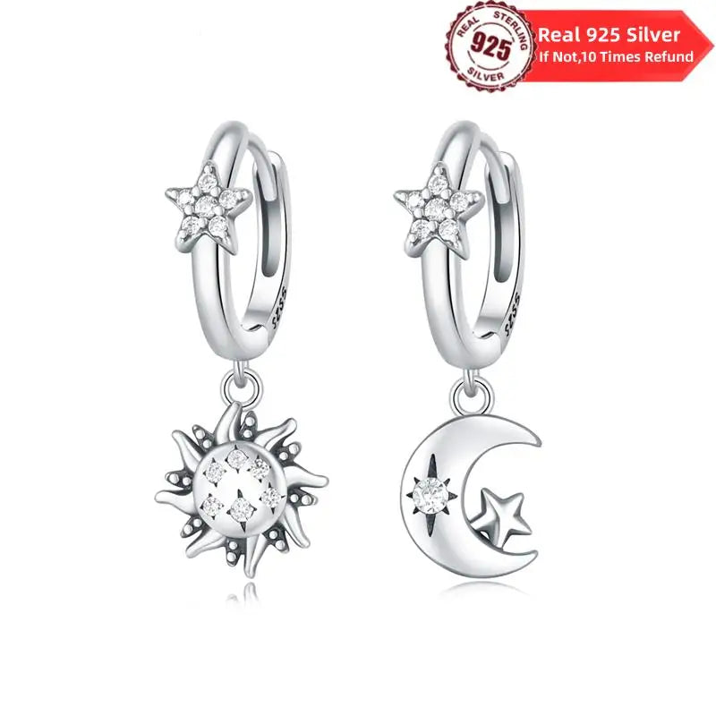 Real 925 Sterling Silver Crystal Zircon Sun Moon Earring For Women