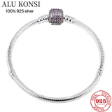 925 Sterling Silver Pan Bracelet, Crystal Charms Bangle for Women