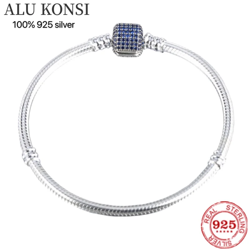 925 Sterling Silver Pan Bracelet, Crystal Charms Bangle for Women