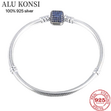 925 Sterling Silver Pan Bracelet, Crystal Charms Bangle for Women