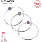 925 Sterling Silver Pan Bracelet, Crystal Charms Bangle for Women