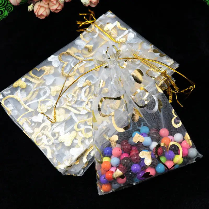 100pcs Bronzing Heart Organza Pouch Gift Bags Wedding Party Favor 7cmx9cm