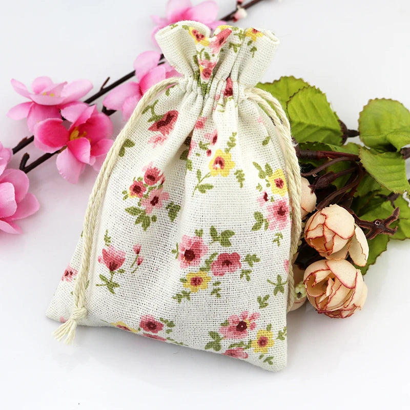 10pcs 10x14cm Pink Flowers Cotton Bags Wedding Drawstring Gift Bag