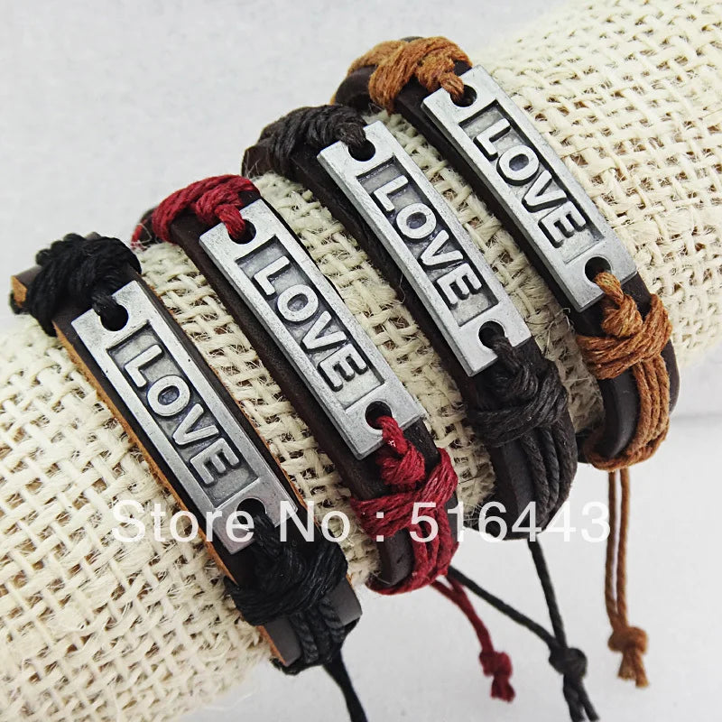 12pcs Stainless Steel Leather LOVE Bracelets for Mens Womens