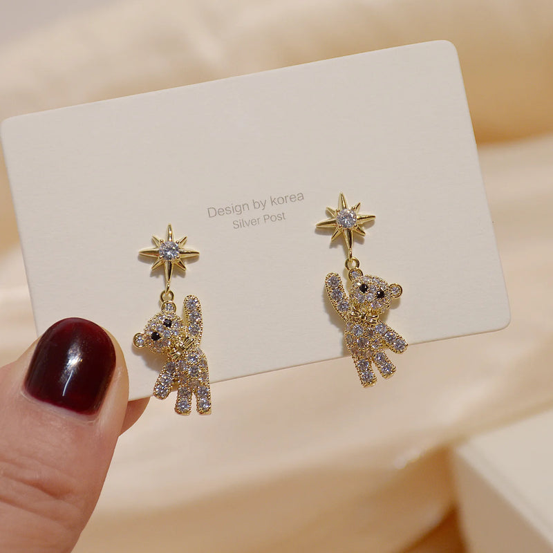 Hot 14k Real AA Zircon Star Bear Unique Banquet Party Earrings