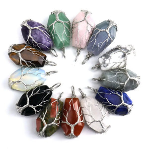 Hand-made Sliver Wound Tree of Life Crystal Stone Necklace