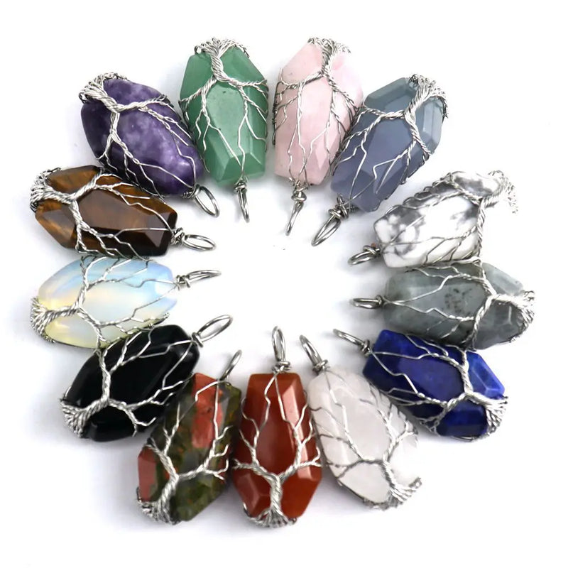 Hand-made Sliver Wound Tree of Life Crystal Stone Necklace