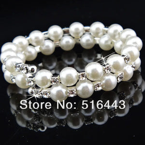 3pcs Clear Czech Rhinestones Pearl Stretchy WomenBangles Bracelets