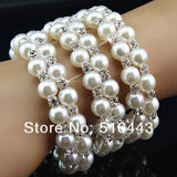3pcs Clear Czech Rhinestones Pearl Stretchy WomenBangles Bracelets