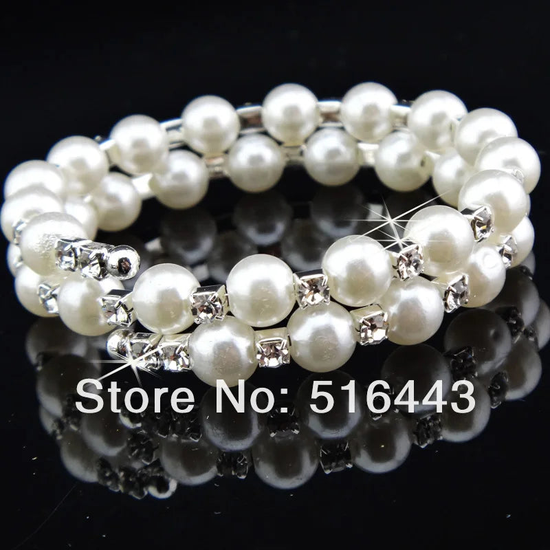 3pcs Clear Czech Rhinestones Pearl Stretchy WomenBangles Bracelets