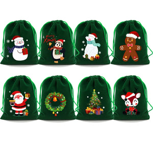 5Pcs Green Christmas Velvet Bags 9x12 13x18cm Drawstring Pouch Candy Gift Bag
